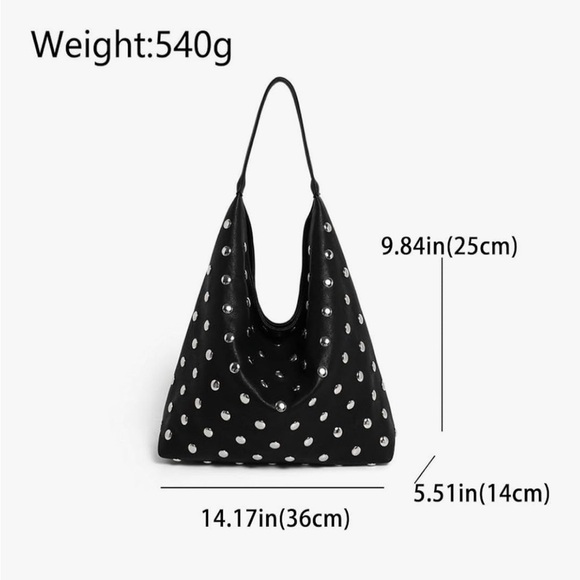 Black Studded hobo large Bag grommets studs silver slouchy bag - Picture 2 of 3